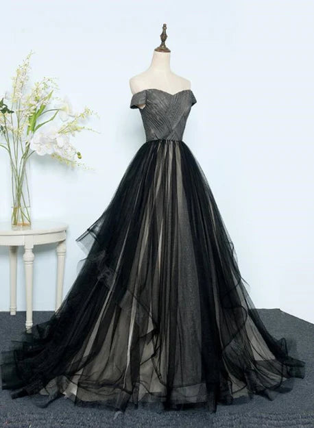 Luolandi Beautiful Black Tulle Off Shoulder Floor Length Gown Evening Dress Elegant Prom Dress